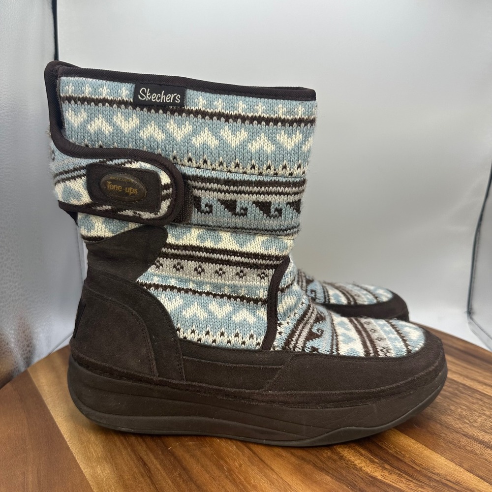 Skechers Tone Ups Chalet Carve Winter Boots Knit Suede Brown 38716 Womens 9 Y2K